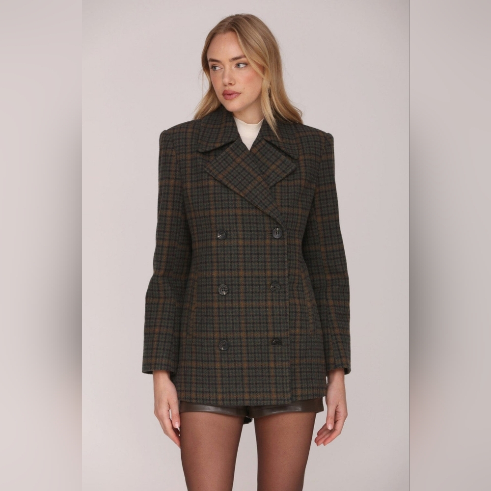 Avec Les Filles Brown Plaid Double-Breasted Blazer